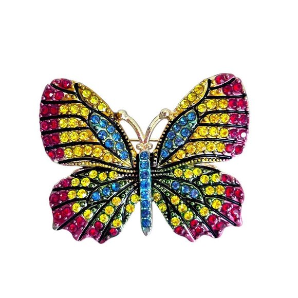 Bright Crystal Butterfly Brooch Pin Blue Yellow Red Goldtone Setting 1 7/8" - Picture 1 of 6